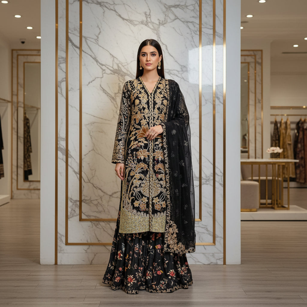 HuR Gilded Noir | Black & Gold Embellished Kameez with Floral Sharara