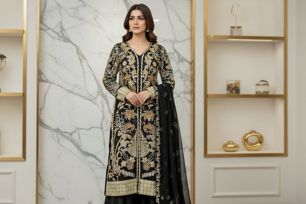 HuR Gilded Noir | Black & Gold Embellished Kameez with Floral Sharara