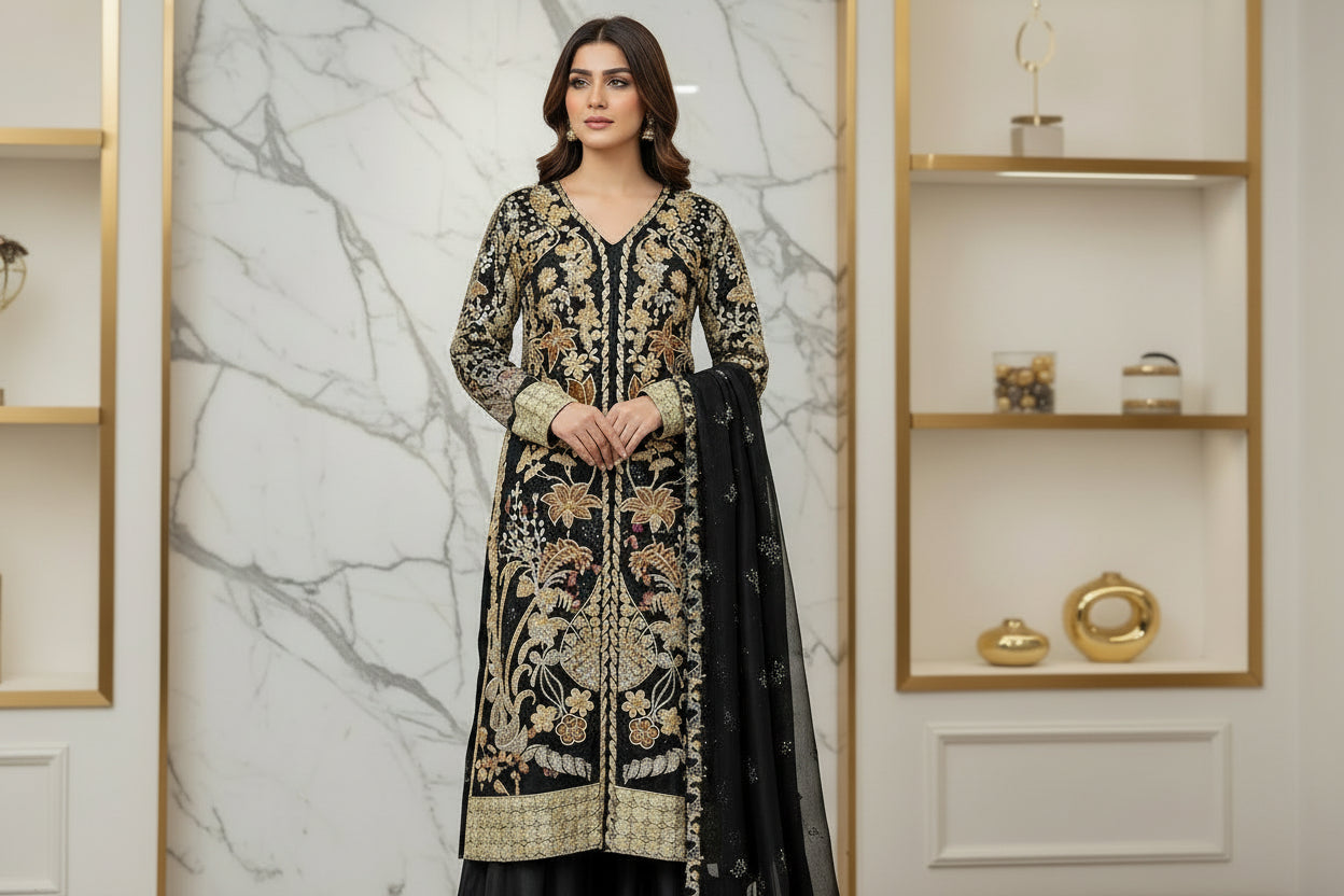 HuR Gilded Noir | Black & Gold Embellished Kameez with Floral Sharara