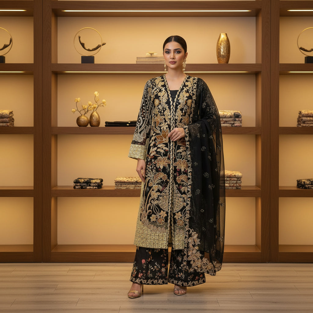 HuR Gilded Noir | Black & Gold Embellished Kameez with Floral Sharara