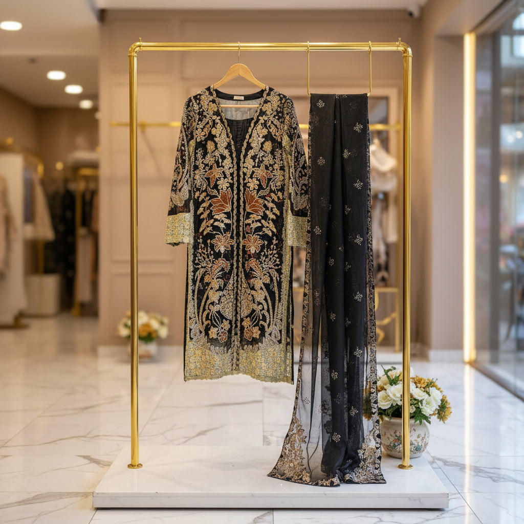 HuR Gilded Noir | Black & Gold Embellished Kameez with Floral Sharara