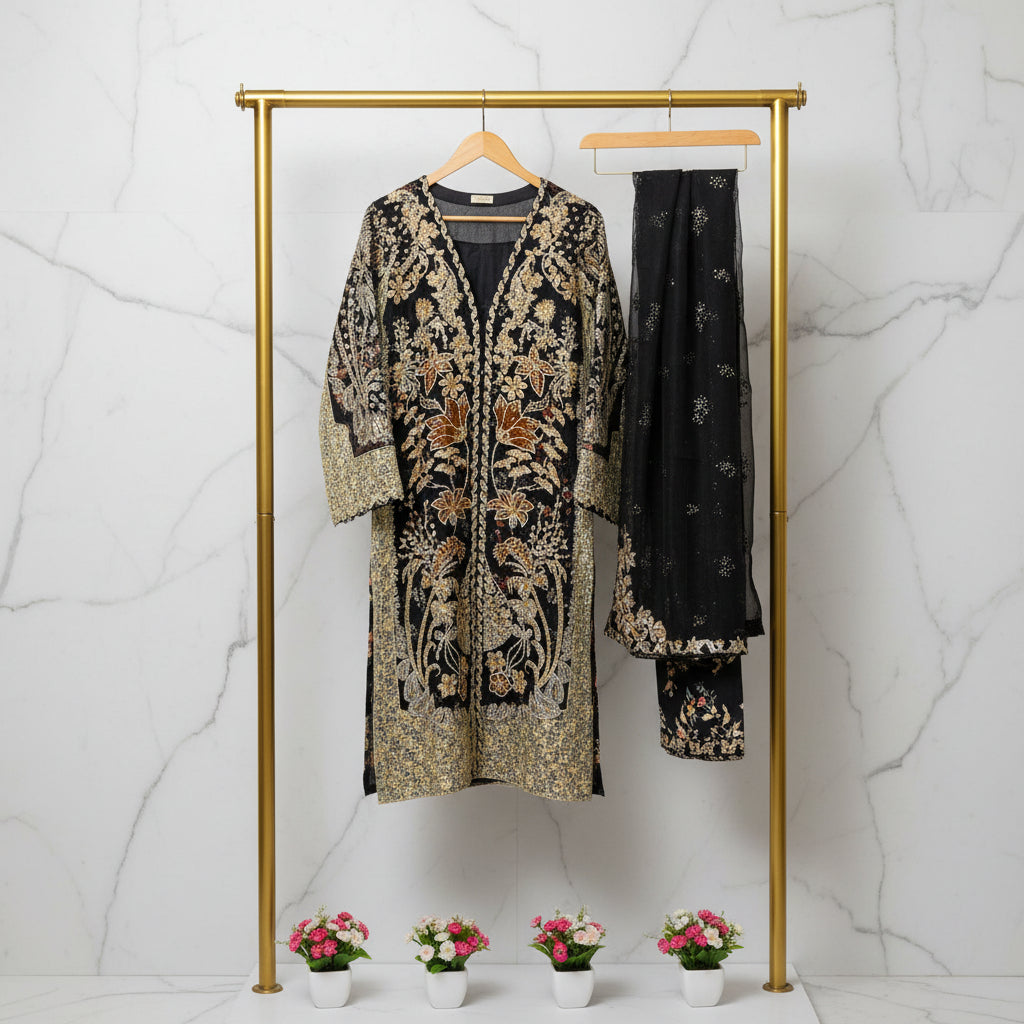 HuR Gilded Noir | Black & Gold Embellished Kameez with Floral Sharara