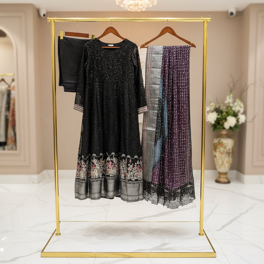 NUR Noir Bloom | Black on Black Beaded Organza Dress & Tie-Dye Dupatta Set