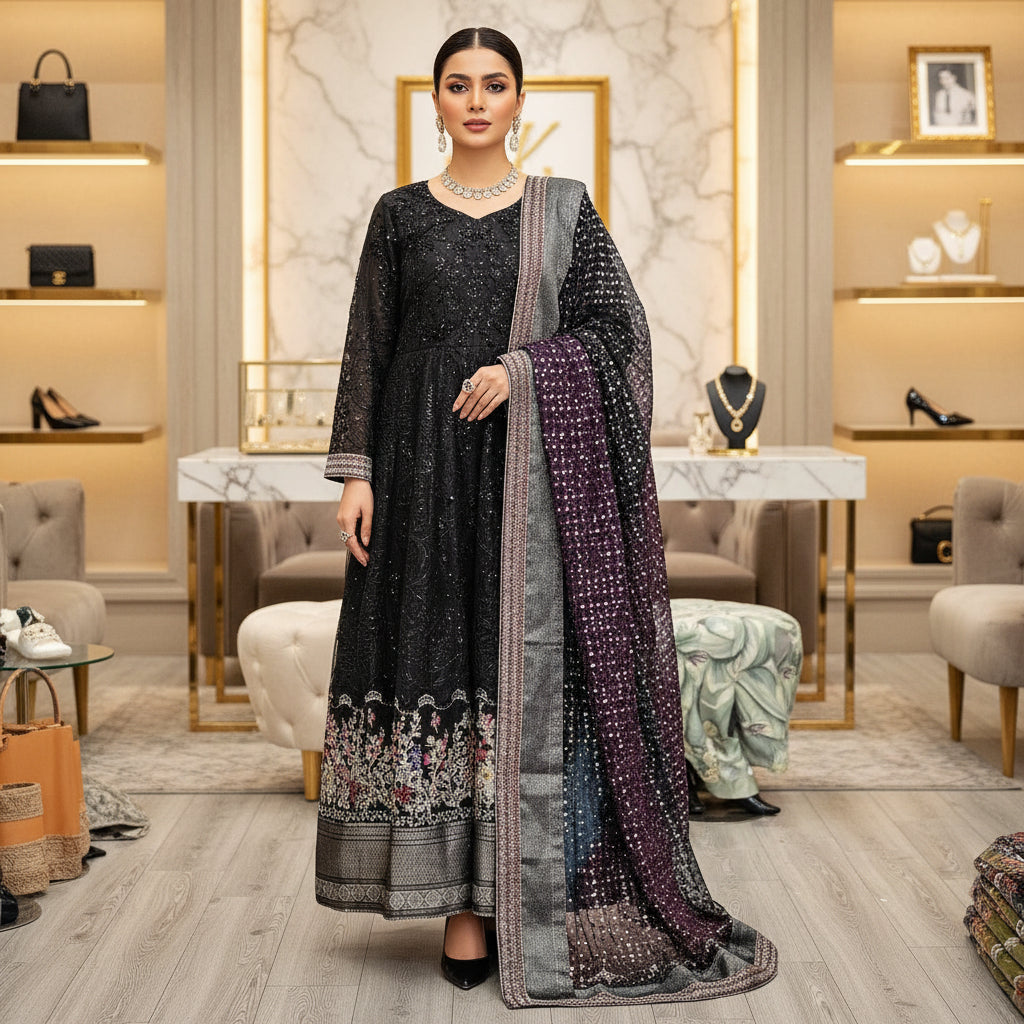 NUR Noir Bloom | Black on Black Beaded Organza Dress & Tie-Dye Dupatta Set
