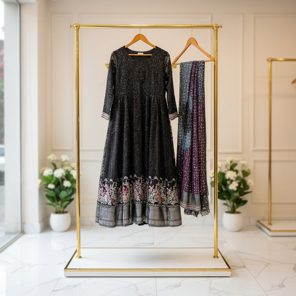 NUR Noir Bloom | Black on Black Beaded Organza Dress & Tie-Dye Dupatta Set