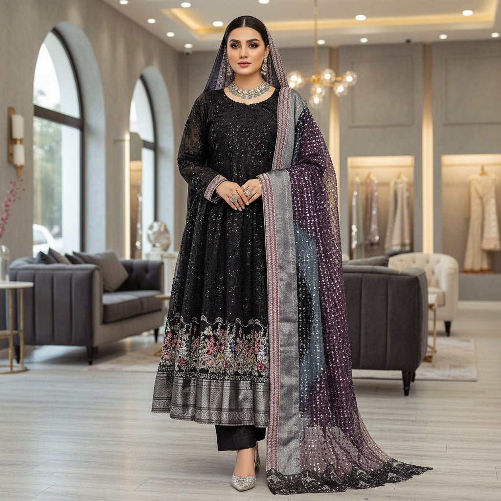NUR Noir Bloom | Black on Black Beaded Organza Dress & Tie-Dye Dupatta Set