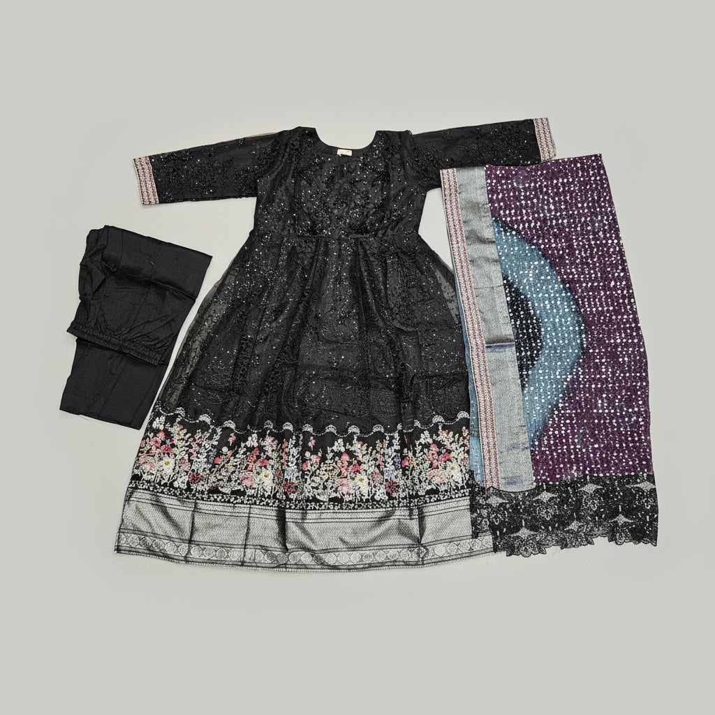 NUR Noir Bloom | Black on Black Beaded Organza Dress & Tie-Dye Dupatta Set