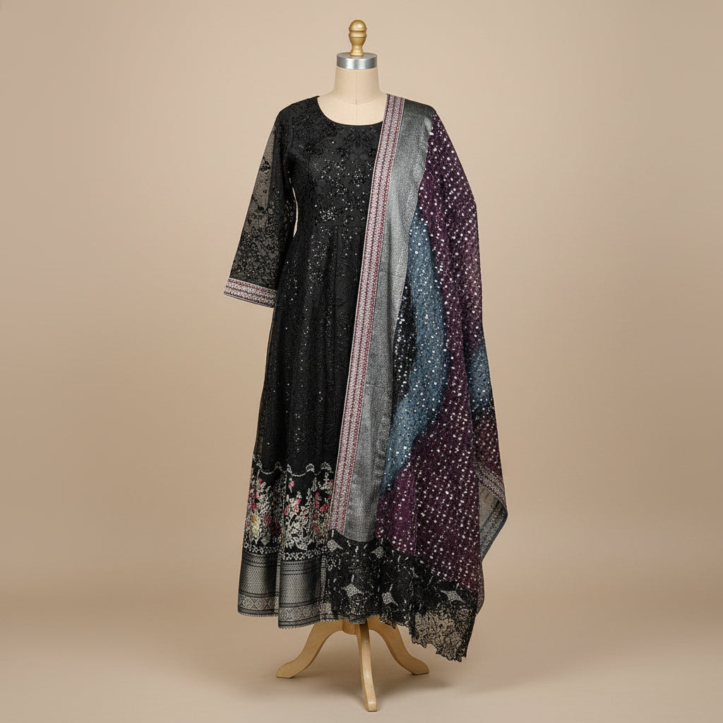 NUR Noir Bloom | Black on Black Beaded Organza Dress & Tie-Dye Dupatta Set