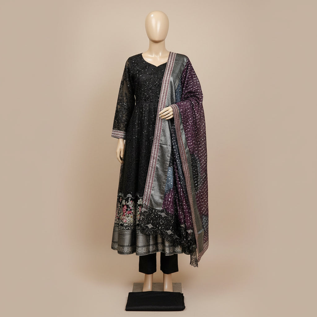 NUR Noir Bloom | Black on Black Beaded Organza Dress & Tie-Dye Dupatta Set