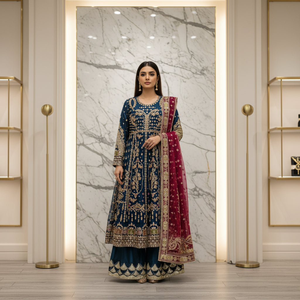 QMR Peacock Blue | Hand Embellished Organza Dress & Plum Net Dupatta Set