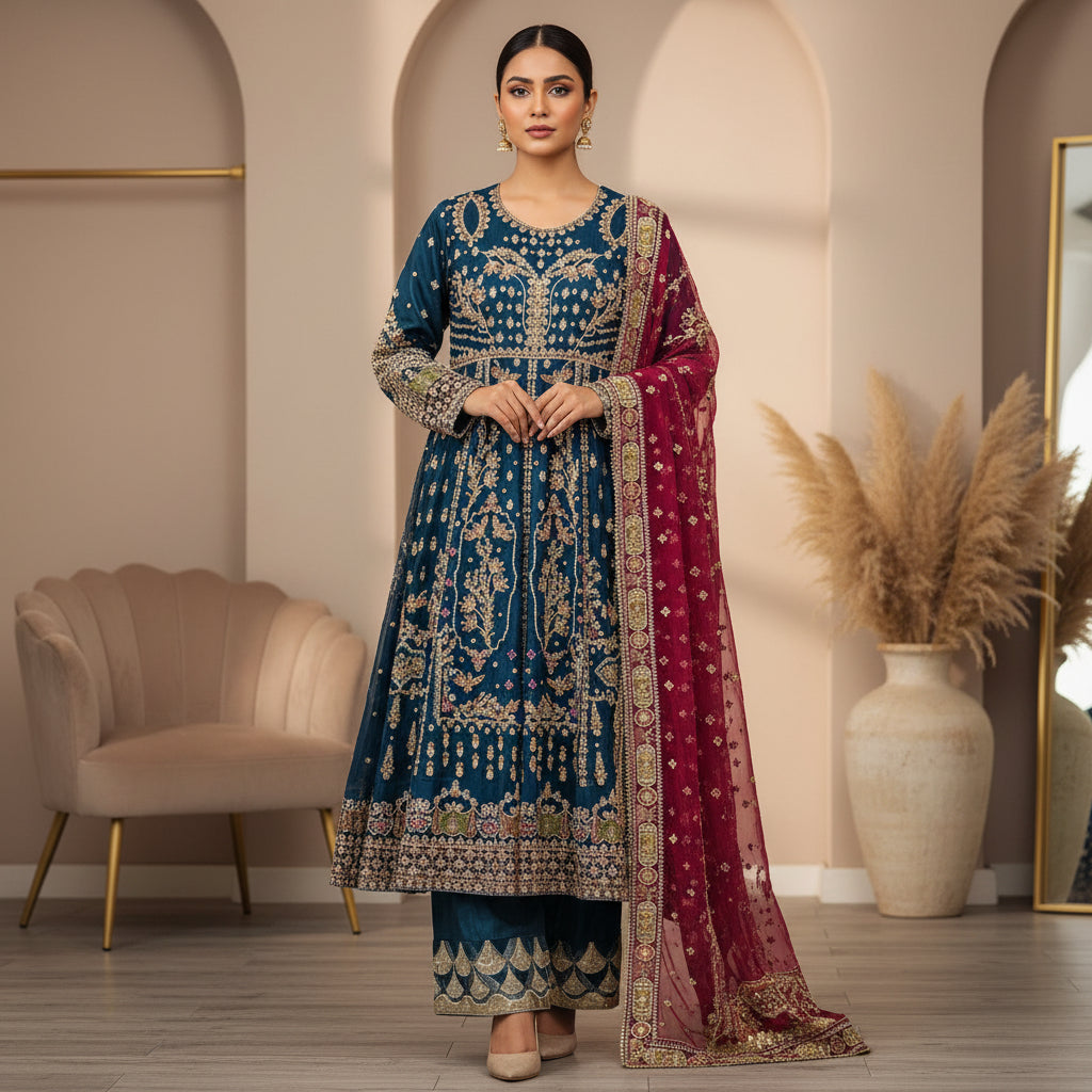 QMR Peacock Blue | Hand Embellished Organza Dress & Plum Net Dupatta Set