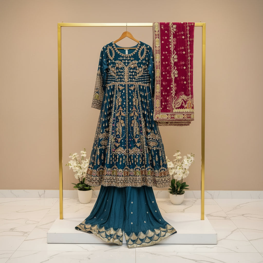 QMR Peacock Blue | Hand Embellished Organza Dress & Plum Net Dupatta Set