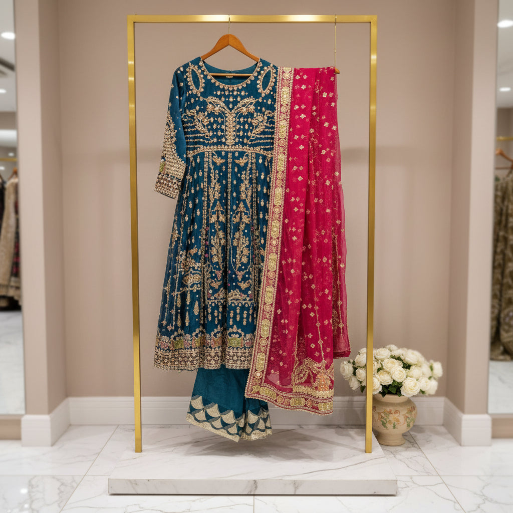 QMR Peacock Blue | Hand Embellished Organza Dress & Plum Net Dupatta Set
