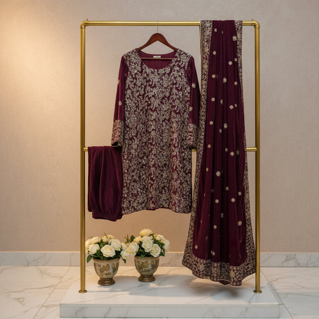 AD Velvet Quartet | Black, Maroon, Teal & Navy Stonework Velvet Kameez Set