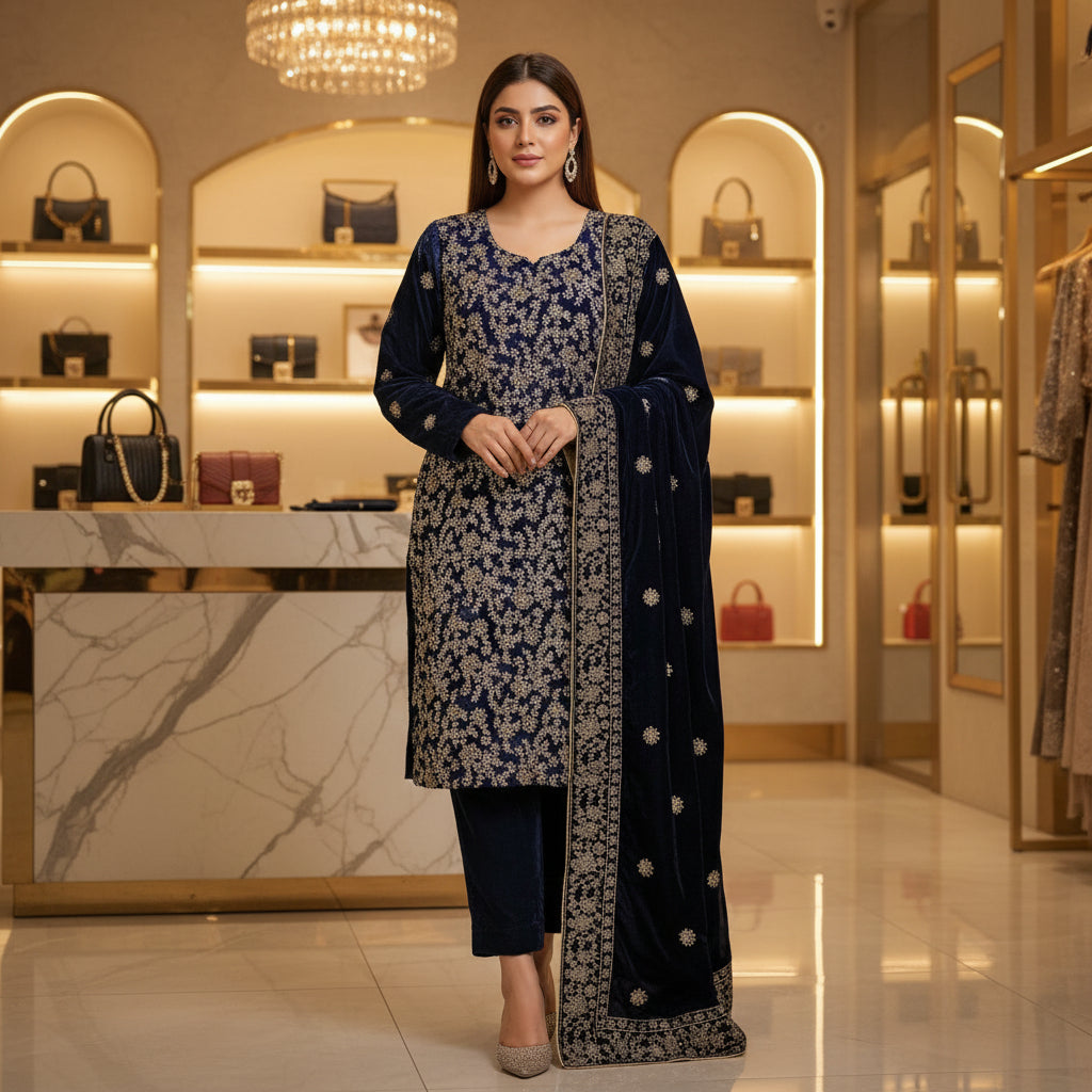 AD Velvet Quartet | Black, Maroon, Teal & Navy Stonework Velvet Kameez Set