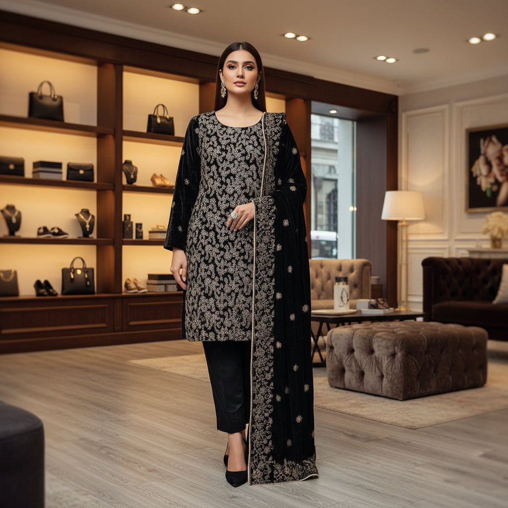 AD Velvet Quartet | Black, Maroon, Teal & Navy Stonework Velvet Kameez Set