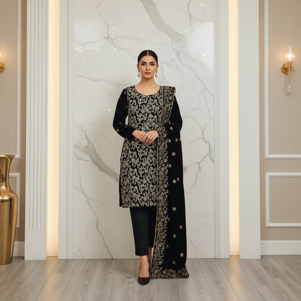 AD Velvet Quartet | Black, Maroon, Teal & Navy Stonework Velvet Kameez Set