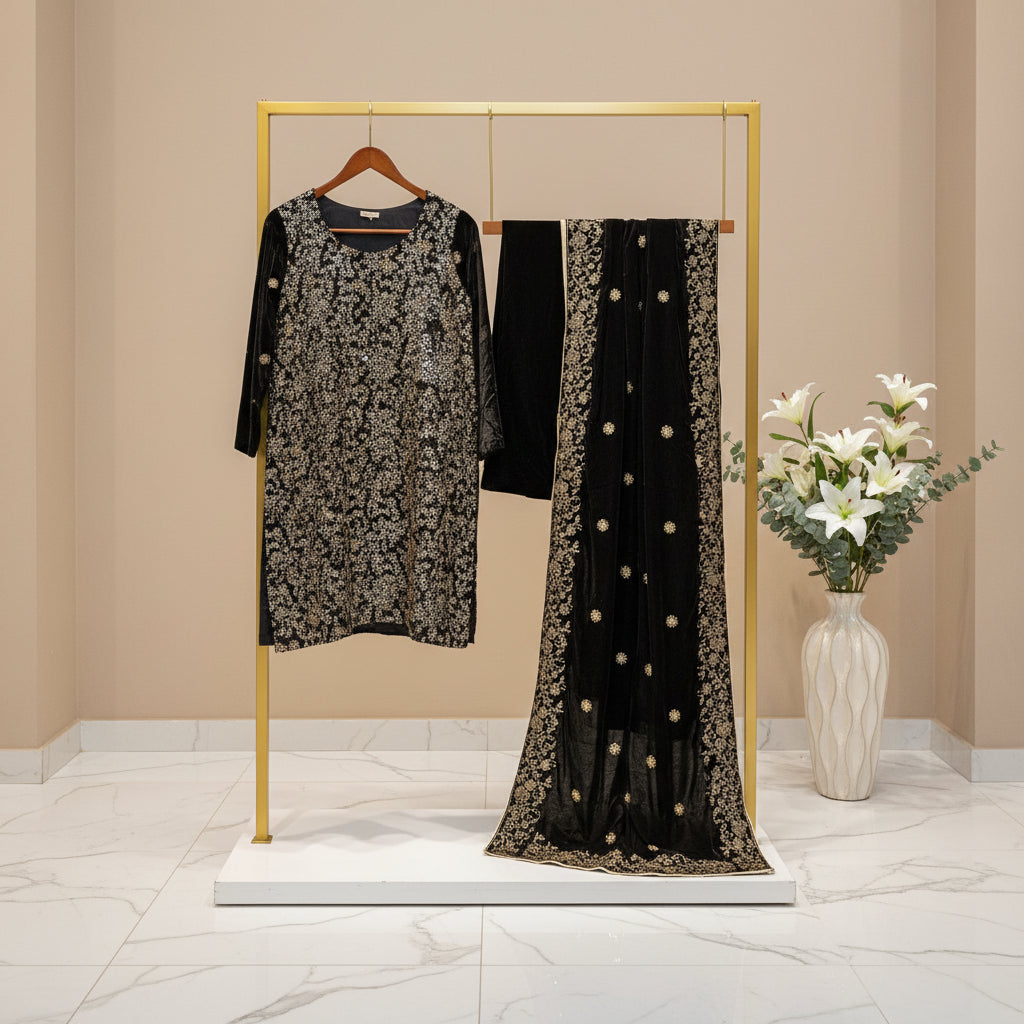 AD Velvet Quartet | Black, Maroon, Teal & Navy Stonework Velvet Kameez Set
