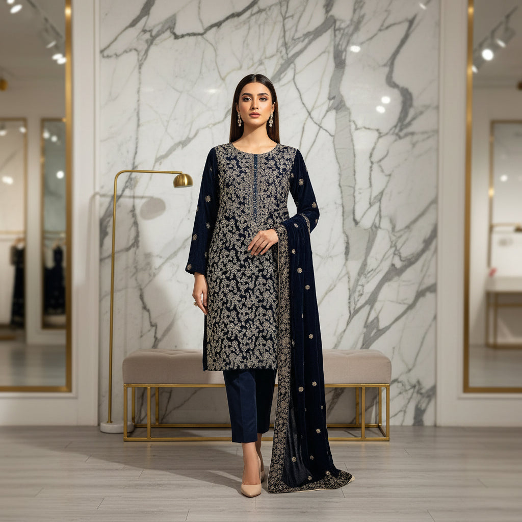 AD Velvet Quartet | Black, Maroon, Teal & Navy Stonework Velvet Kameez Set