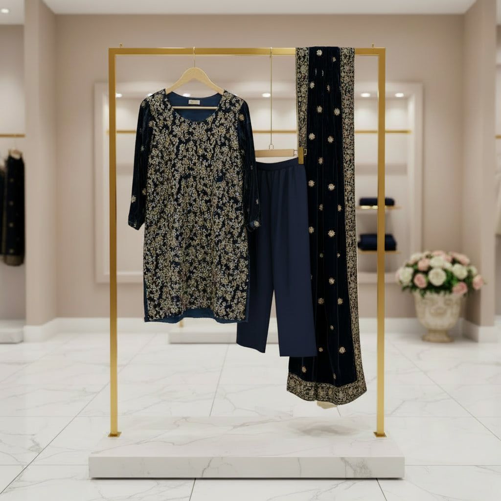 AD Velvet Quartet | Black, Maroon, Teal & Navy Stonework Velvet Kameez Set