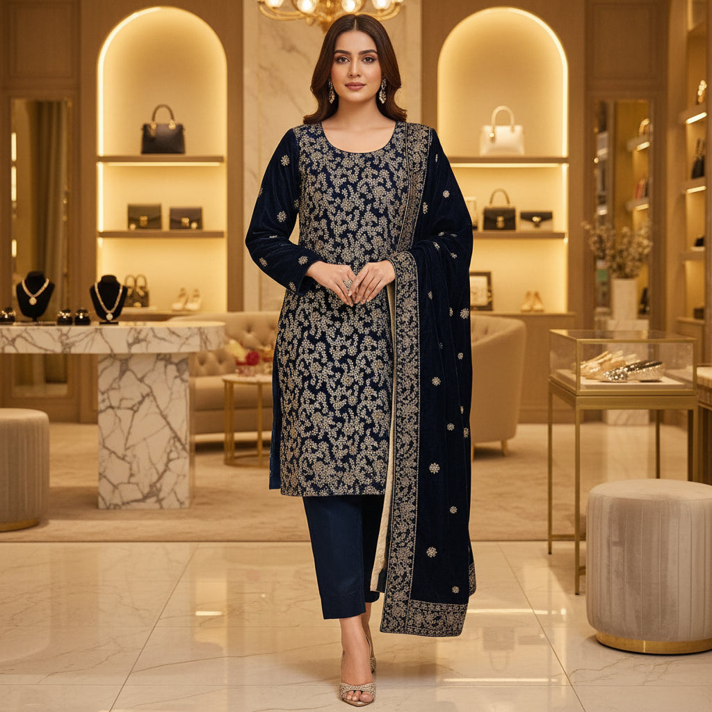 AD Velvet Quartet | Black, Maroon, Teal & Navy Stonework Velvet Kameez Set