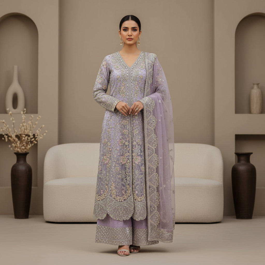 HuR Lilac Elegance | Silver Hand Embellished Organza Anarkali & Sharara Set