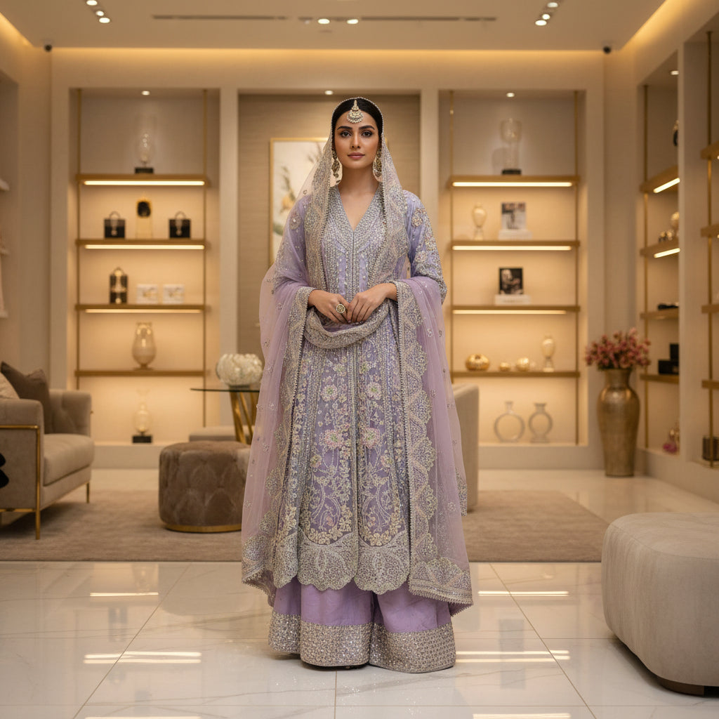 HuR Lilac Elegance | Silver Hand Embellished Organza Anarkali & Sharara Set