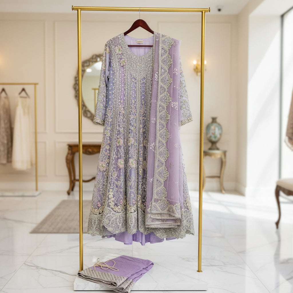 HuR Lilac Elegance | Silver Hand Embellished Organza Anarkali & Sharara Set