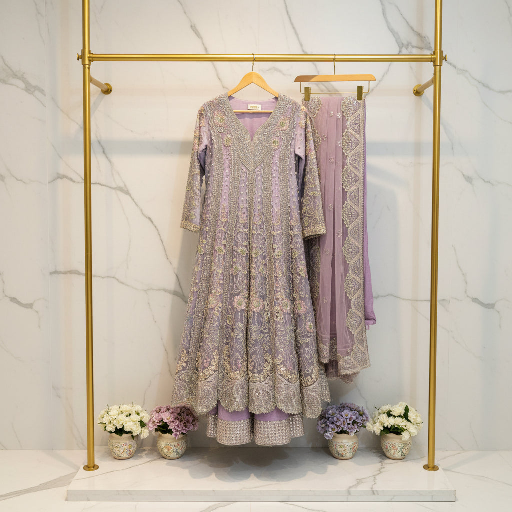 HuR Lilac Elegance | Silver Hand Embellished Organza Anarkali & Sharara Set