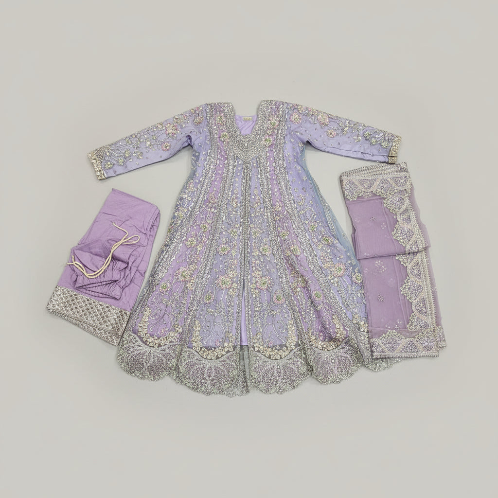 HuR Lilac Elegance | Silver Hand Embellished Organza Anarkali & Sharara Set