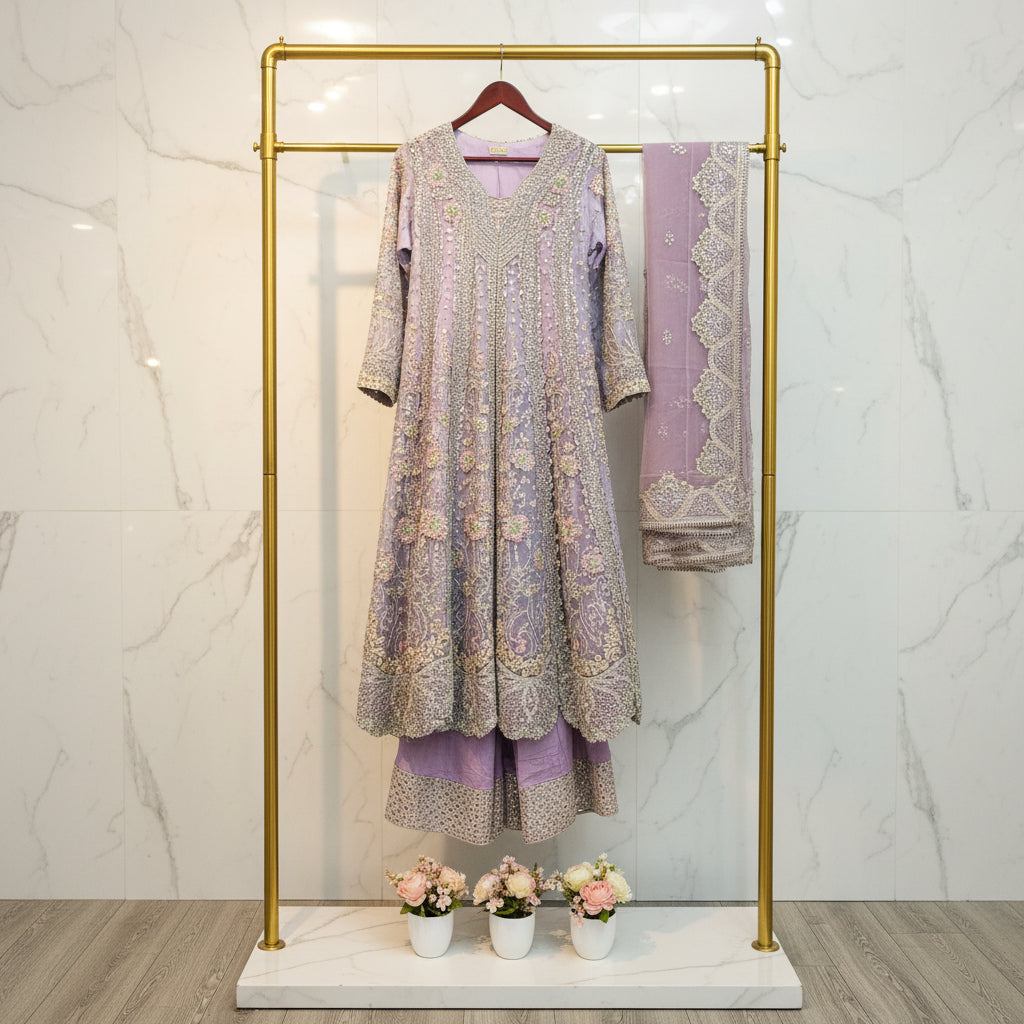 HuR Lilac Elegance | Silver Hand Embellished Organza Anarkali & Sharara Set