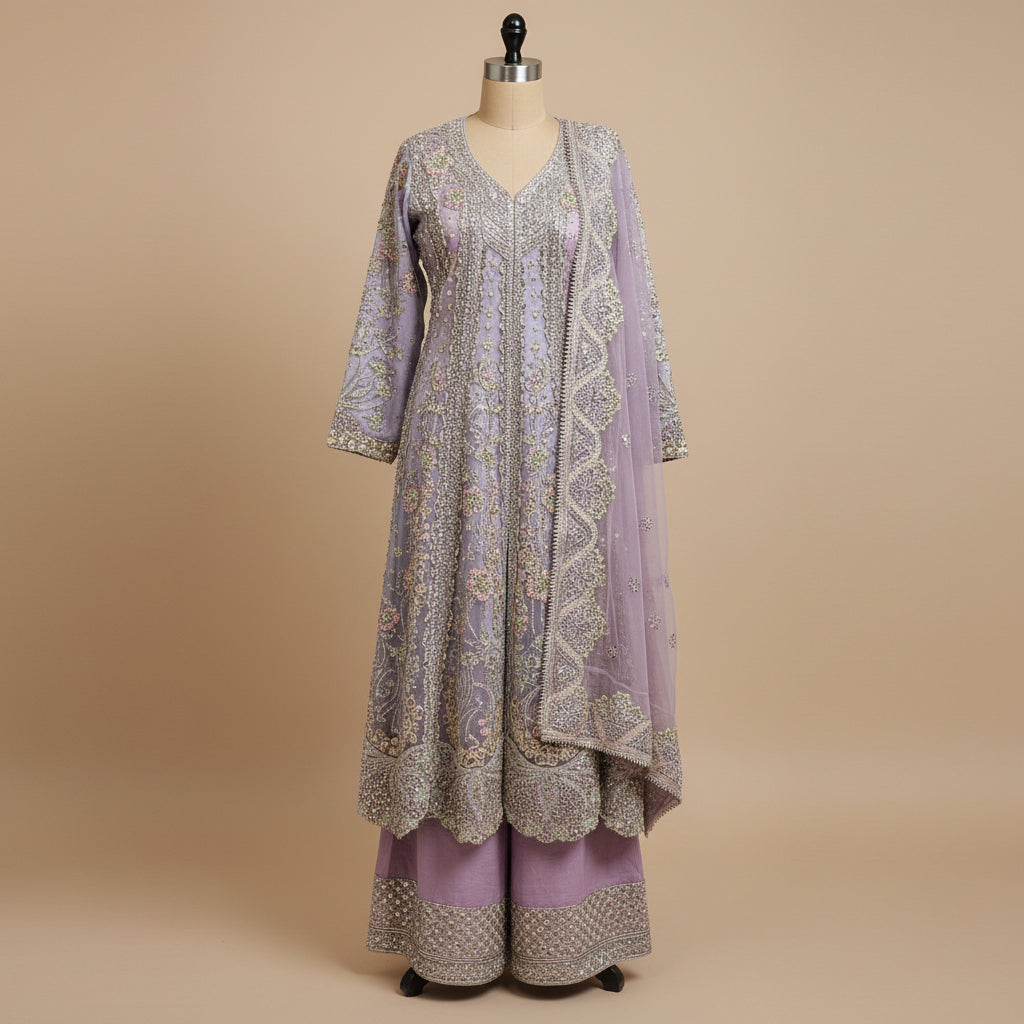 HuR Lilac Elegance | Silver Hand Embellished Organza Anarkali & Sharara Set