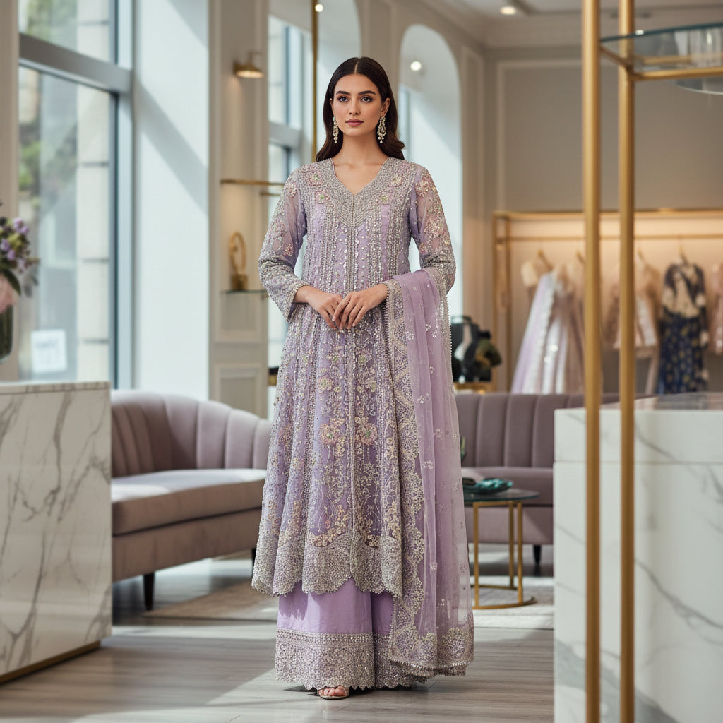 HuR Lilac Elegance | Silver Hand Embellished Organza Anarkali & Sharara Set