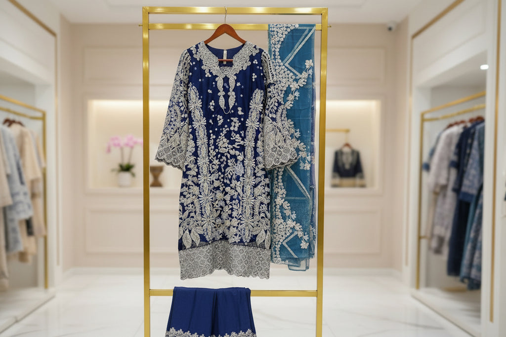 HuR Indigo Twilight | Silver Embellished Organza Kameez & Embroidered Sharara Set