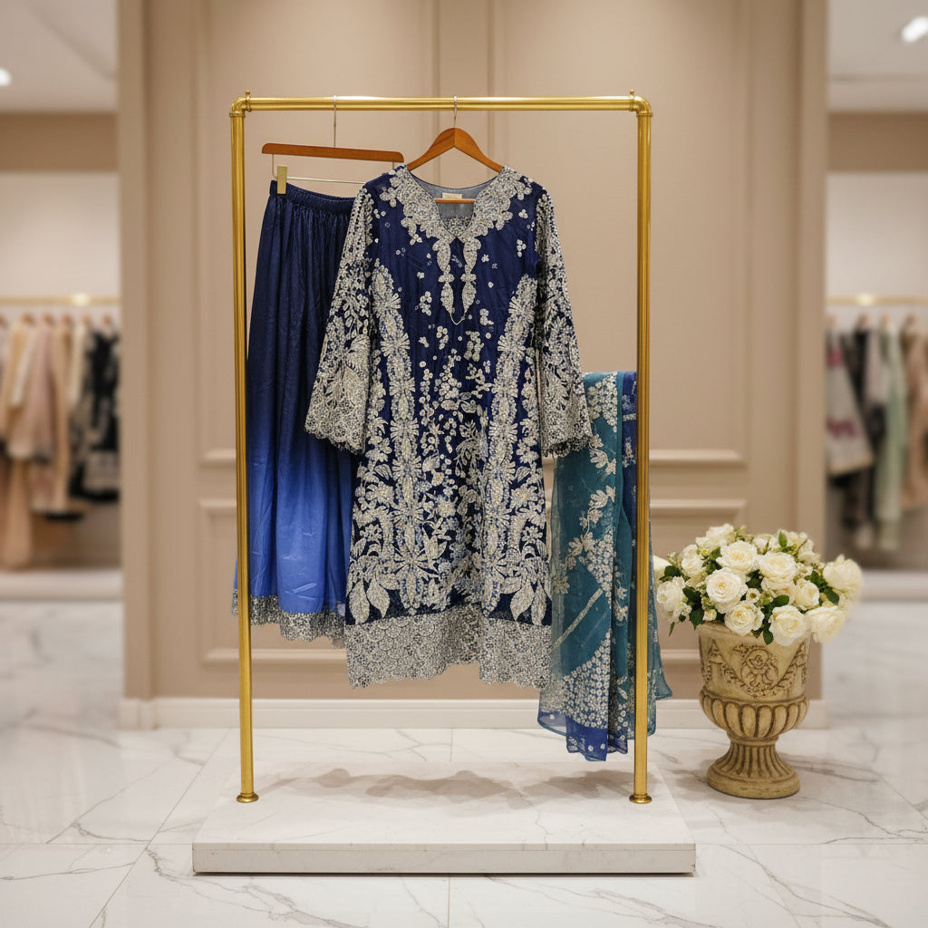 HuR Indigo Twilight | Silver Embellished Organza Kameez & Embroidered Sharara Set