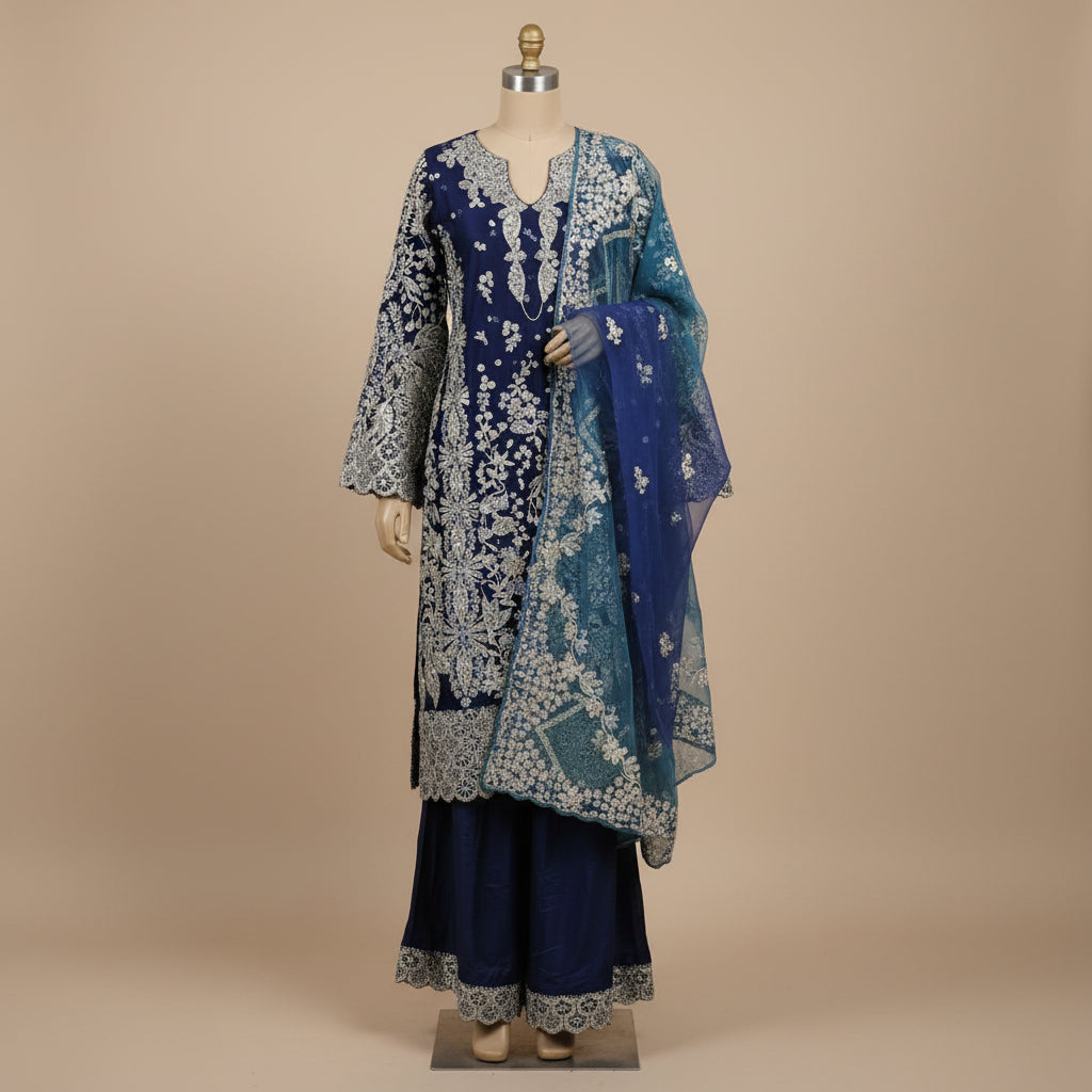 HuR Indigo Twilight | Silver Embellished Organza Kameez & Embroidered Sharara Set