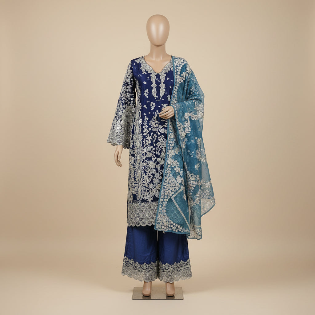 HuR Indigo Twilight | Silver Embellished Organza Kameez & Embroidered Sharara Set