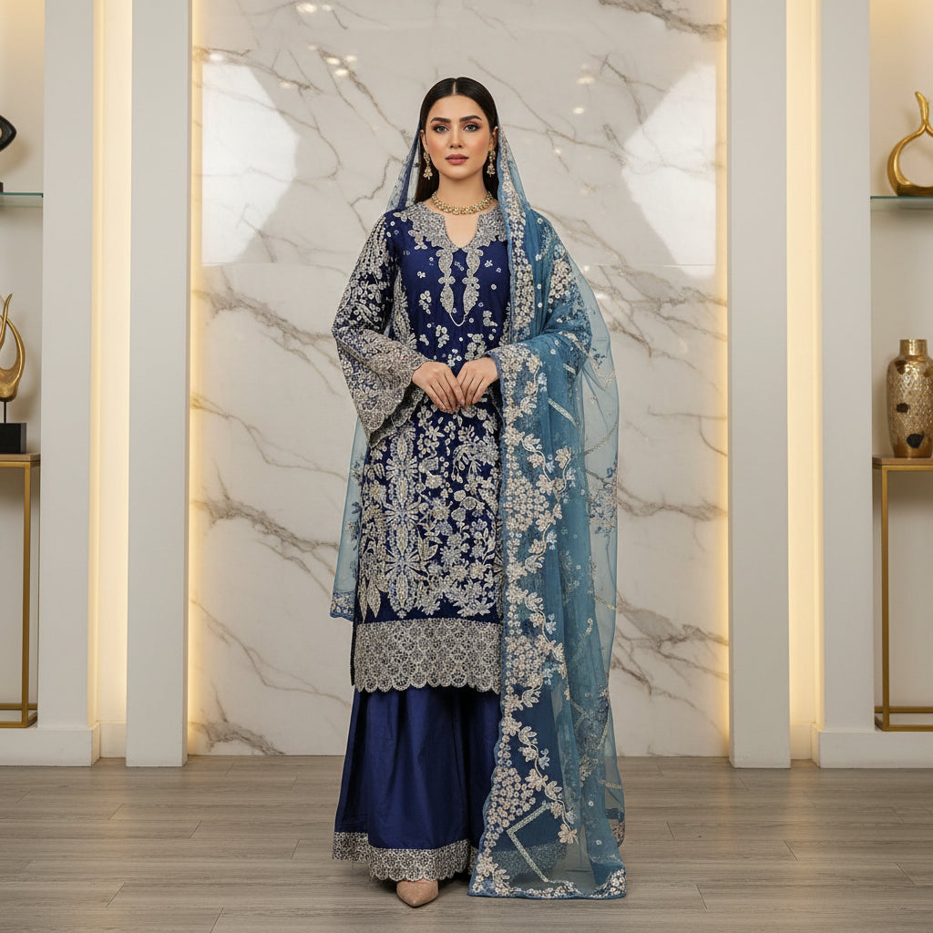 HuR Indigo Twilight | Silver Embellished Organza Kameez & Embroidered Sharara Set