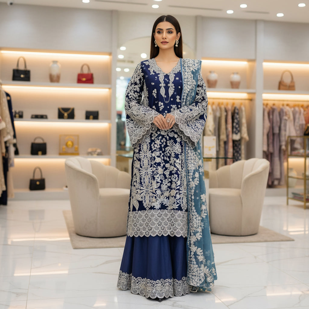 HuR Indigo Twilight | Silver Embellished Organza Kameez & Embroidered Sharara Set
