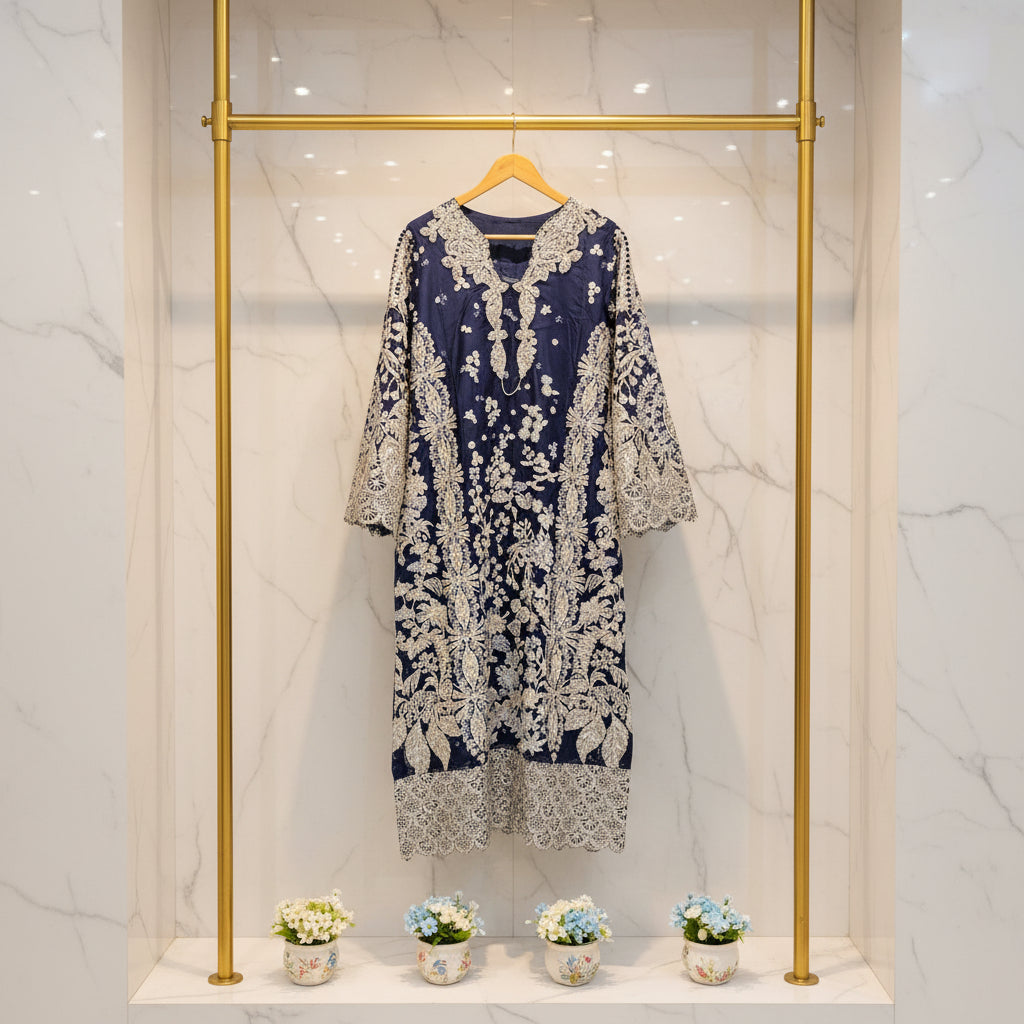 HuR Indigo Twilight | Silver Embellished Organza Kameez & Embroidered Sharara Set