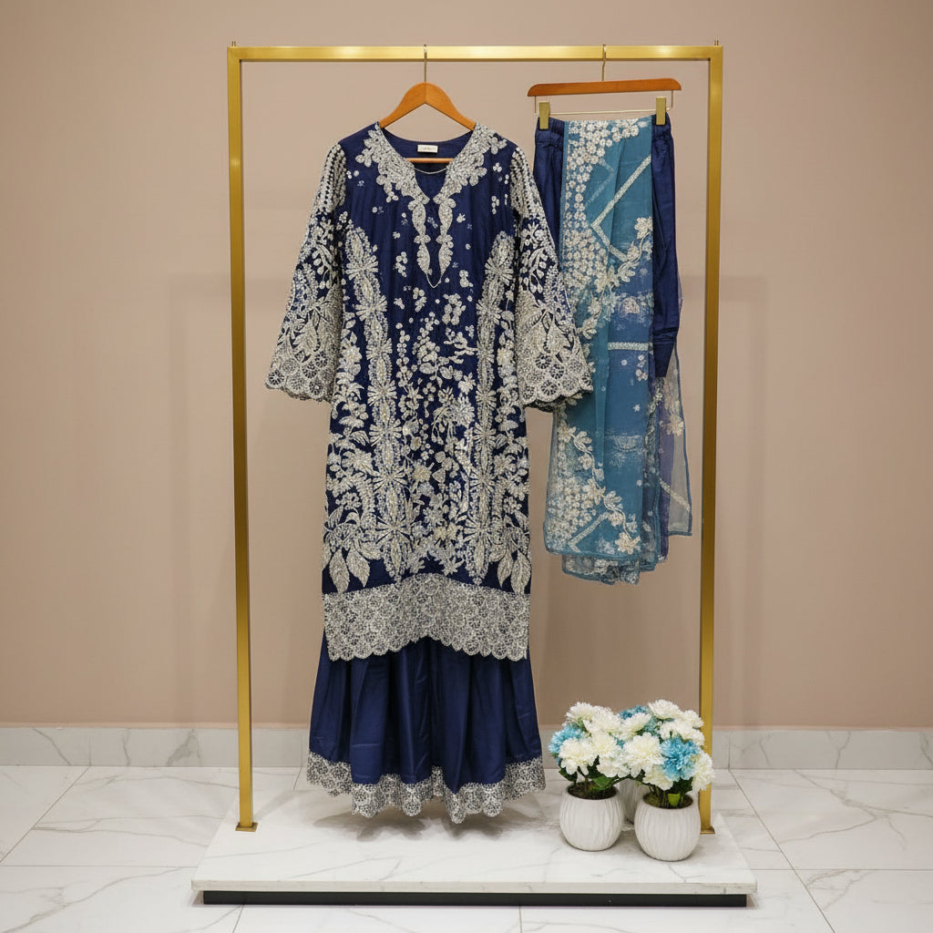 HuR Indigo Twilight | Silver Embellished Organza Kameez & Embroidered Sharara Set