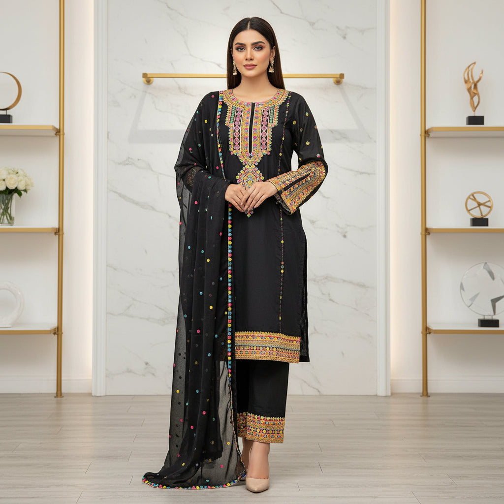 Chromatic Celebration | Navy & Black Linen Kameez with Multi-Colour Embroidery