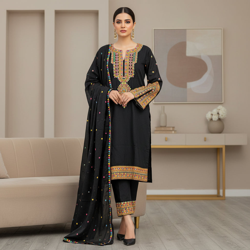 Chromatic Celebration | Navy & Black Linen Kameez with Multi-Colour Embroidery