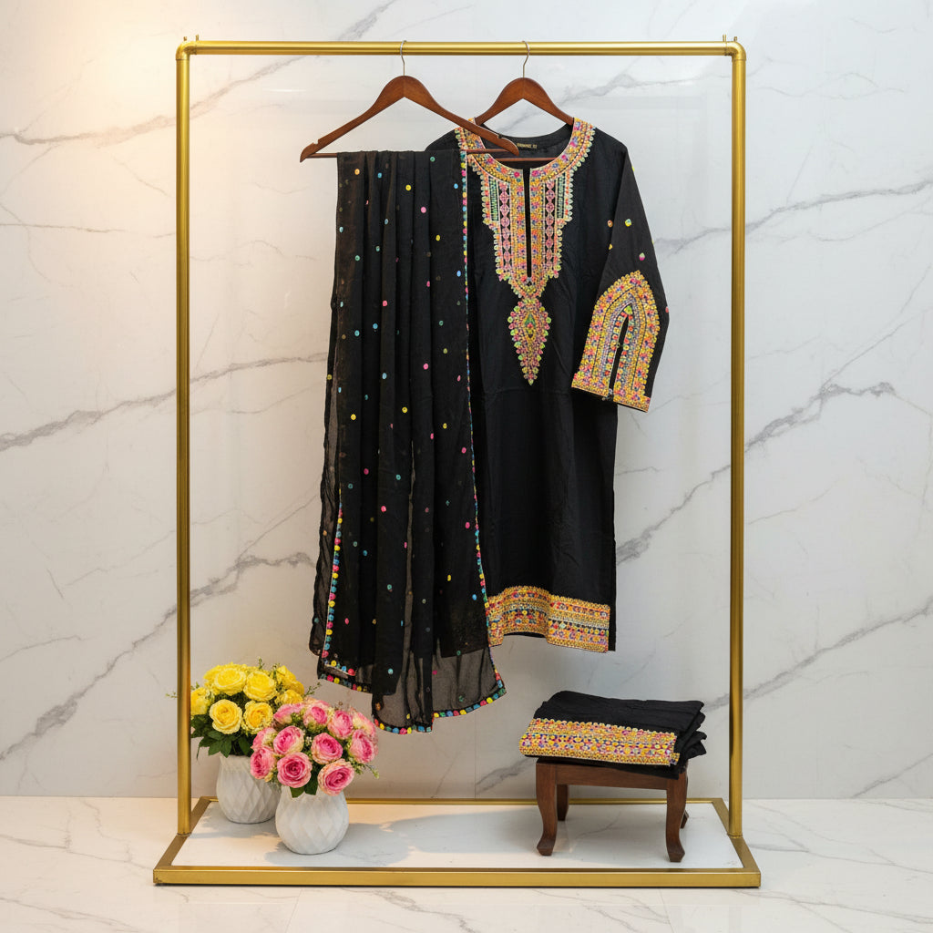 Chromatic Celebration | Navy & Black Linen Kameez with Multi-Colour Embroidery