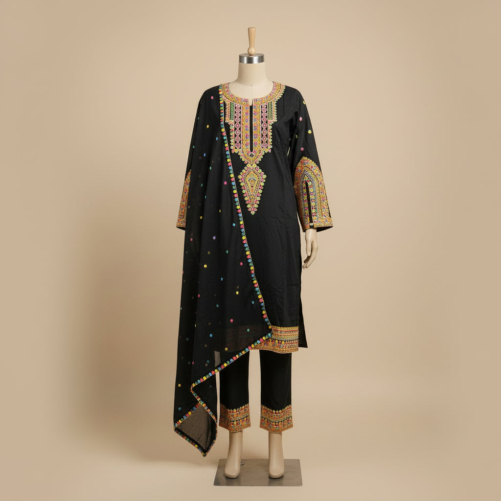 Chromatic Celebration | Navy & Black Linen Kameez with Multi-Colour Embroidery