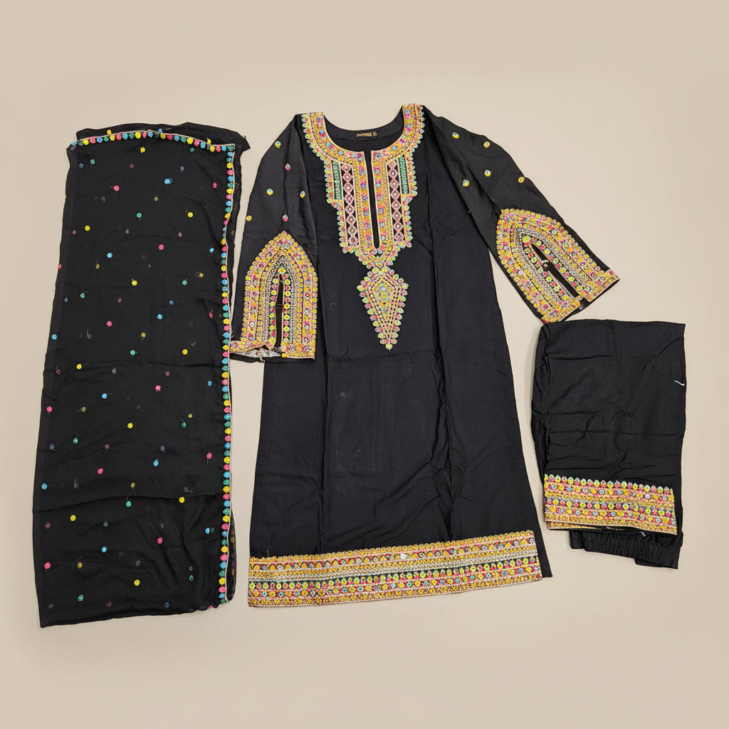 Chromatic Celebration | Navy & Black Linen Kameez with Multi-Colour Embroidery