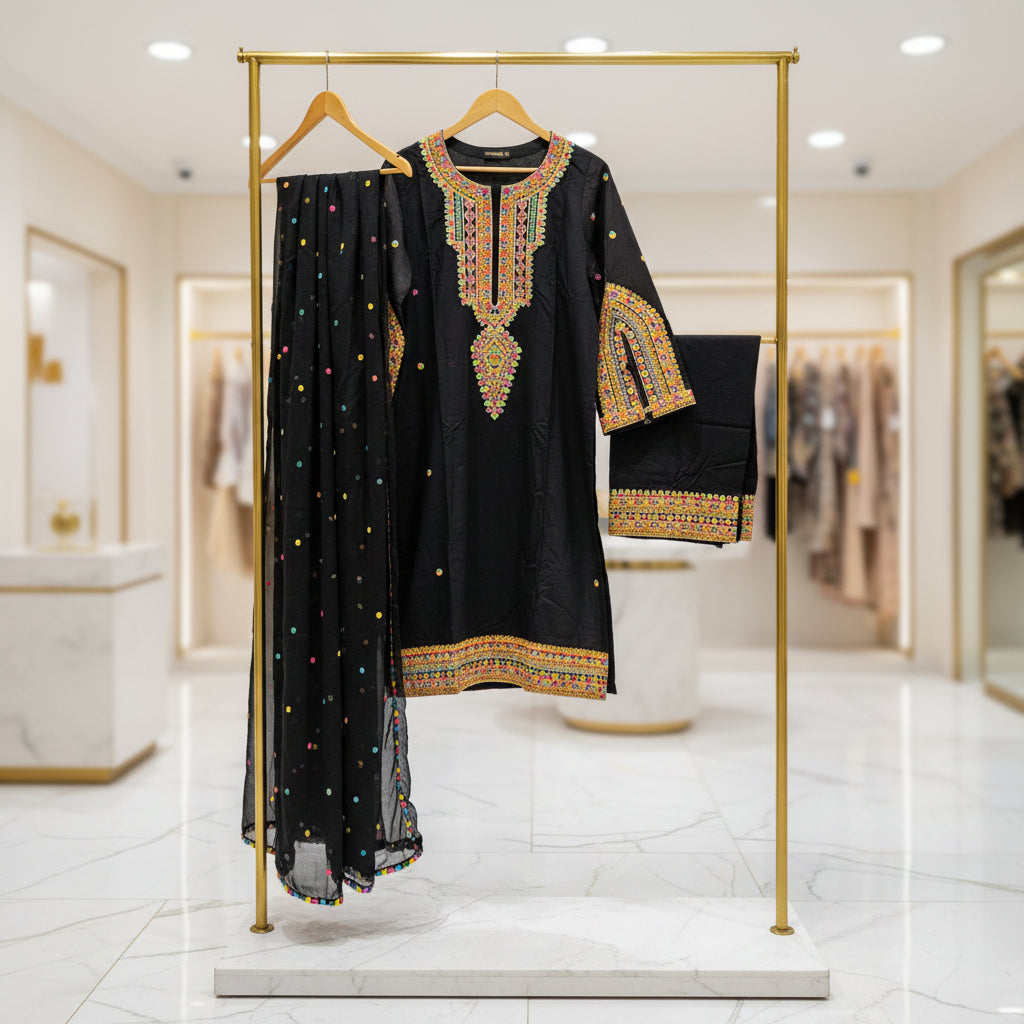 Chromatic Celebration | Navy & Black Linen Kameez with Multi-Colour Embroidery