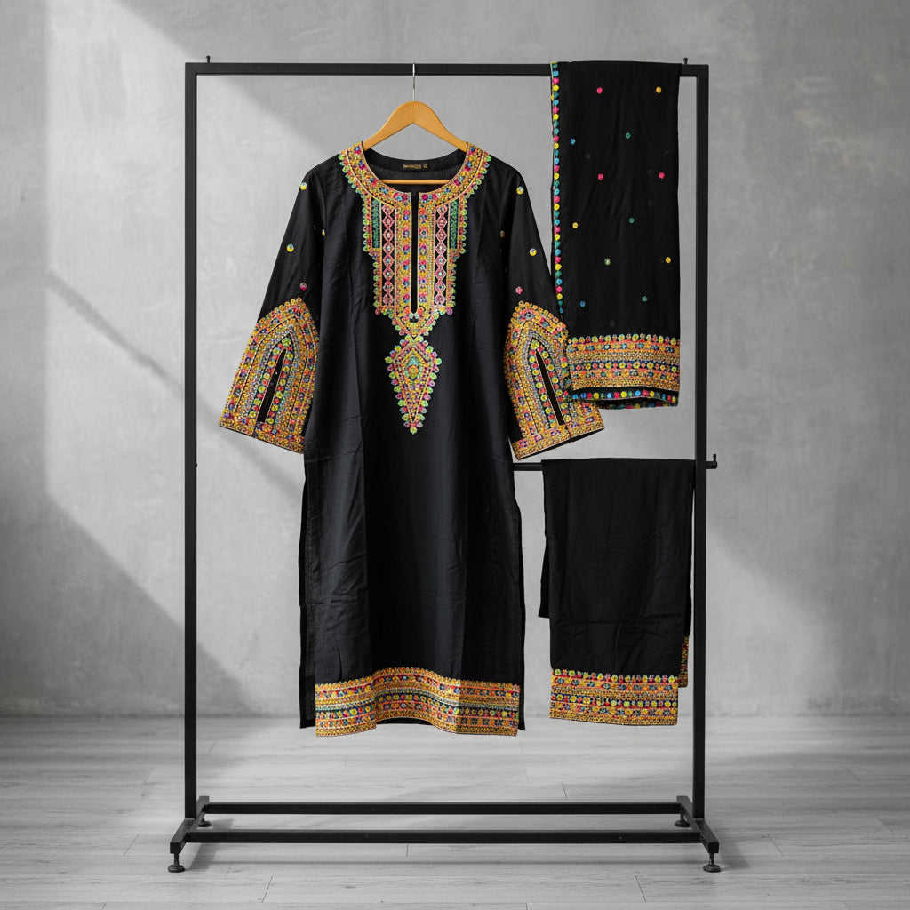 Chromatic Celebration | Navy & Black Linen Kameez with Multi-Colour Embroidery