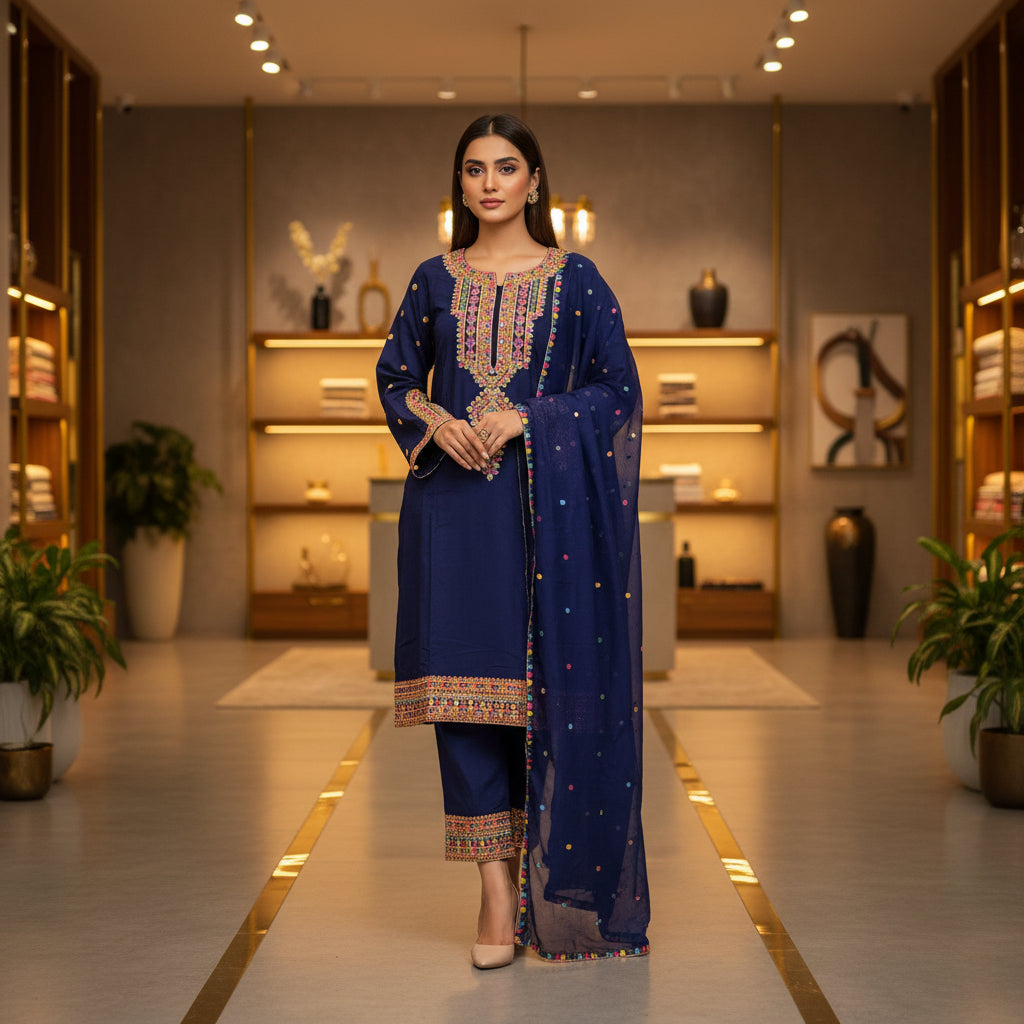 Chromatic Celebration | Navy & Black Linen Kameez with Multi-Colour Embroidery