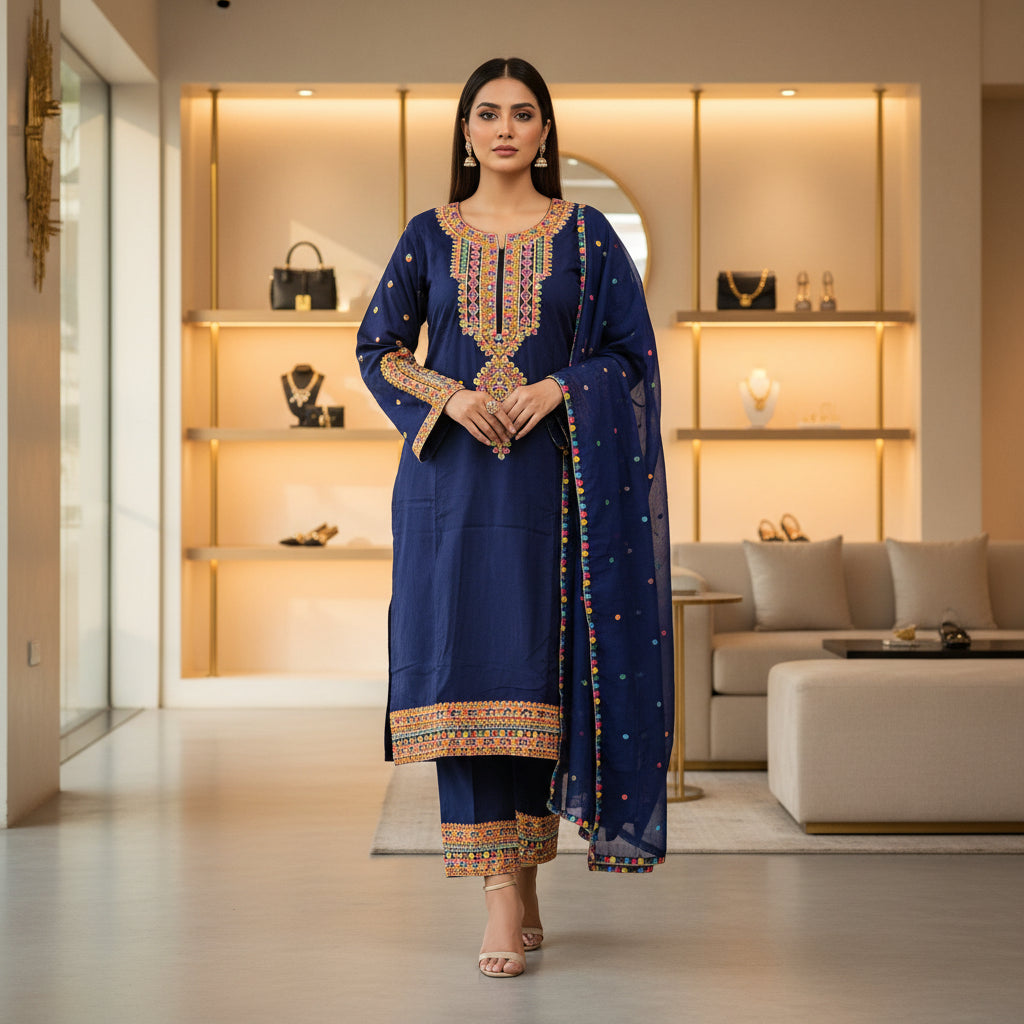 Chromatic Celebration | Navy & Black Linen Kameez with Multi-Colour Embroidery